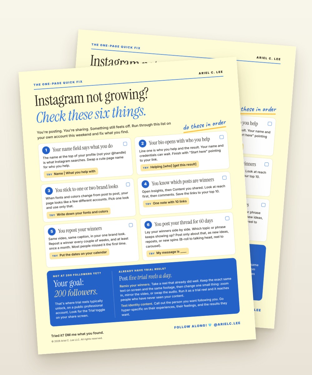 The free one-page checklist, Instagram Not Growing? Check These Six Things, laid on a table